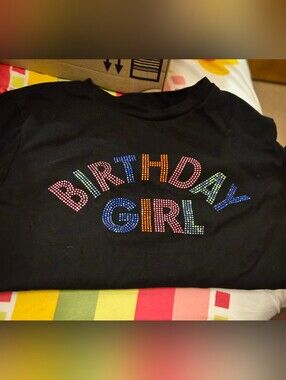 & Other Stories Black Tee with Rainbow Rhinestone "Birthday Girl"